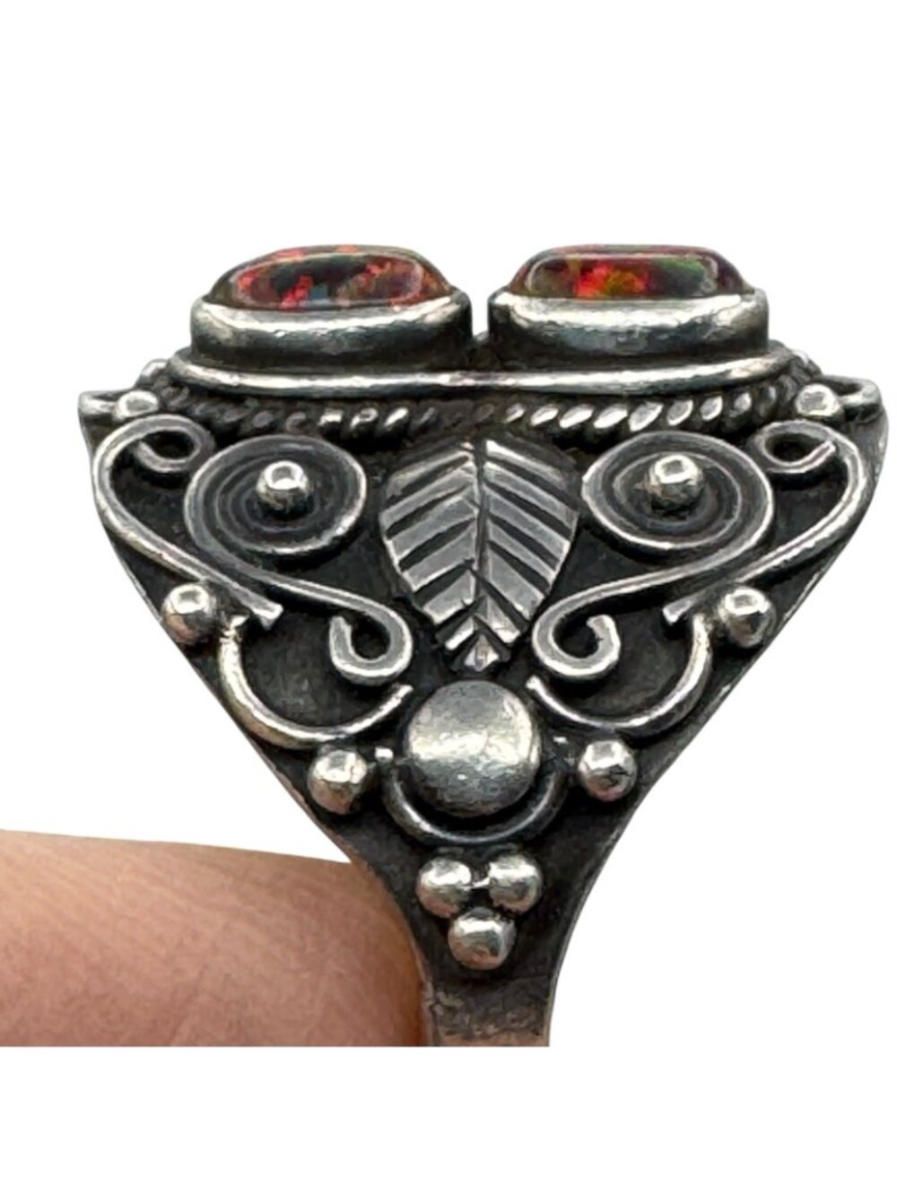 Vintage Sterling Silver Double Opal Ring Southwestern Ornate Setting Sz 8.25 - Picture 12 of 16